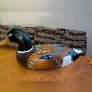 Mallard Drake Duck Solid Body Wooden Duck Decoy Vintage Glass Eyes Hand Painted